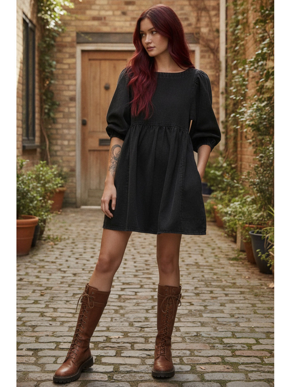Free People Lou Jean Babydoll Dress Black Denim Puff Sleeve Mini XS TP Pockets